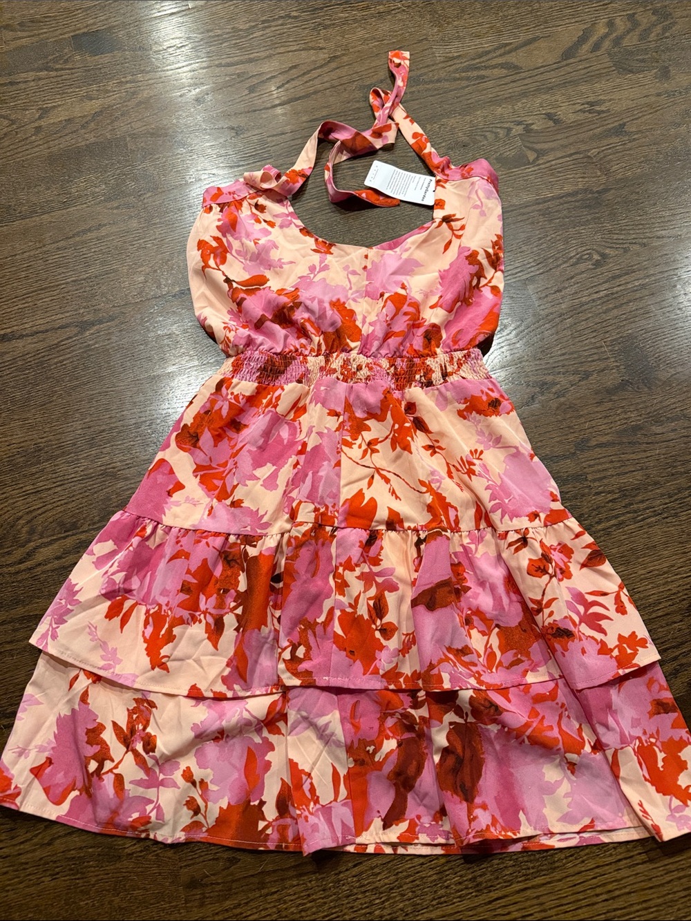 Woman’s small  Floral Tiered Halter Dress in Pink & Red